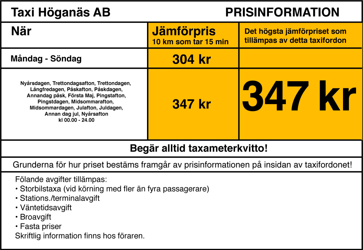 Priser | Taxi Höganäs